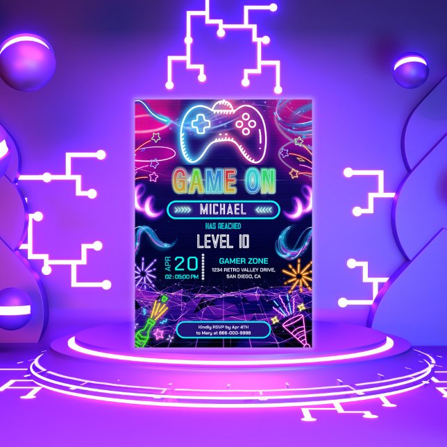 Convite Jogo de festa de aniversário Neon Video (Game On Video Game Neon Party Invitation)