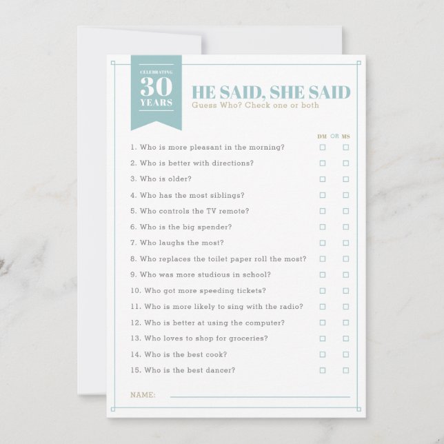 Convite Jogo de Festa Ele Disse, Ela Disse (Totalmente per (Frente)