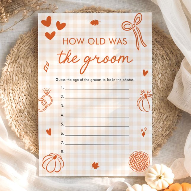Convite Jogo de Gingão Laranja de Outono - Qual era a Idad (Fall Orange Gingham How Old Was The Groom Game)