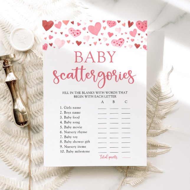 Convite Jogo de Histórias do Chá de fraldas do Coração (Watercolor Cute Pink Red Hearts Valentine Little Sweetheart Girl Baby Scattegories Baby Shower Game)