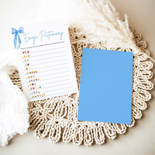 Convite Jogo de Imagem Emoji do Chá de panela Azul Dusty (Modern Watercolor Dusty Blue Bow Bridal Shower Emoji Pictionary Game)