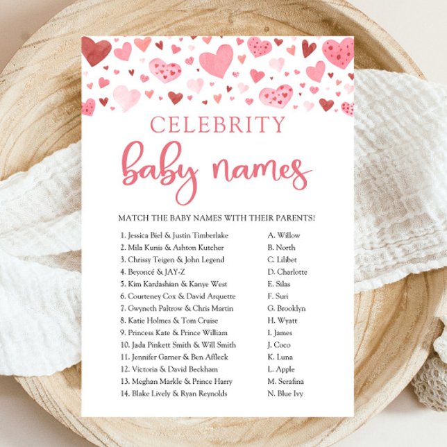 Convite Jogo de Nome do Bebê para a Celebridade do Namorad (Watercolor Pink Red Hearts Valentine Little Sweetheart Girl Celebrity Baby Names Baby Shower Game)