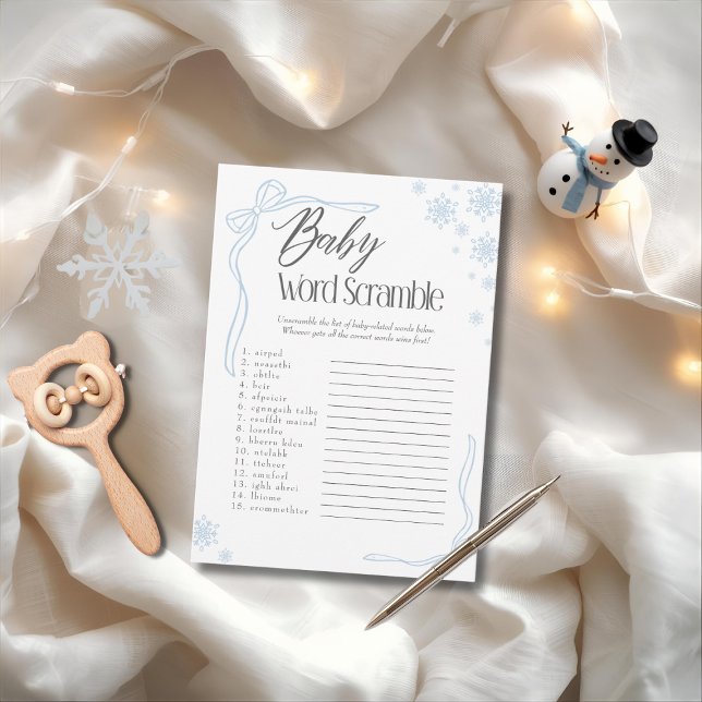 Convite Jogo de Palavras de Bebê, Arco Azul, Frosty (Frosty Blue Bow Baby Word Scramble Game)