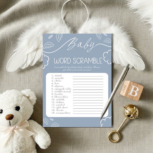 Convite Jogo de Palavras Desembaralha Bebê Céu Azul (Heavenly Blue Baby Word Scramble Game )