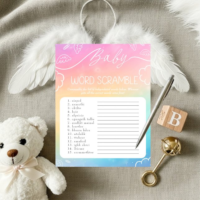 Convite Jogo de Palavras Desembaralhadas Bebê Arco-íris Ce (Heavenly Rainbow Baby Word Scramble Game)