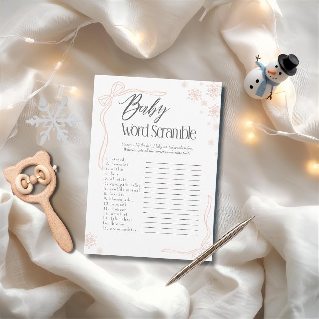 Convite Jogo de Palavras Desordenadas Bebê Arco Bege Neve (Frosty Taupe Bow Baby Word Scramble Game)