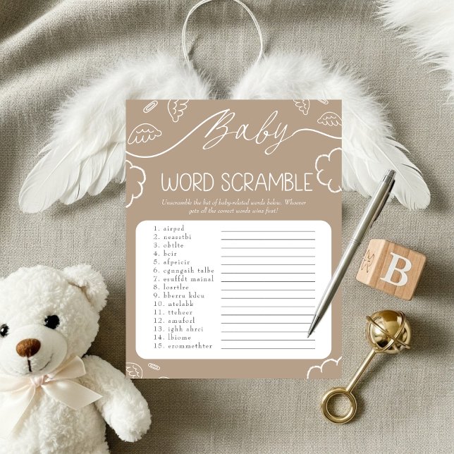 Convite Jogo de Palavras Desordenadas Bebê Bege Celestial (Heavenly pink Baby Word Scramble Game)