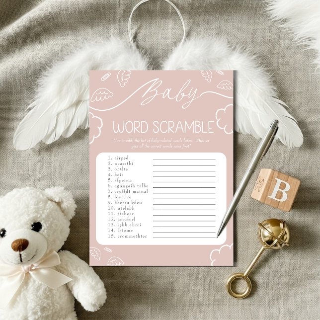 Convite Jogo de Palavras Desordenadas Bebê Rosa Celestial (Heavenly pink Baby Word Scramble Game)