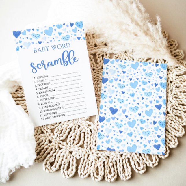 Convite Jogo de Palavras Desordenadas Blue Hearts Valentin (Watercolor Cute Blue Hearts Valentine Sweetheart February Boy Baby Word Scramble Baby Shower Game)