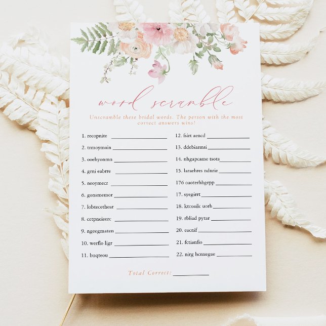 Convite Jogo de Palavras Desordenadas Casamento Rosa Flora (Elegant Blush Spring Floral Word Scramble Bridal Shower Game Cards)