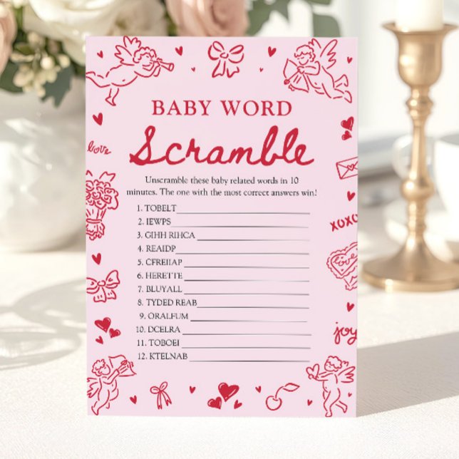 Convite Jogo de Palavras Desordenadas de Bebê no Dia dos N (Pink Hand Drawn Valentine Baby Word Scramble Game)