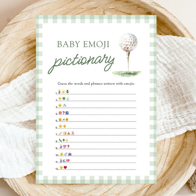 Convite Jogo de Pictionary com Emoji de Bebê de Golfe com  (Sage Green Gingham Golf Baby Emoji Pictionary Game)