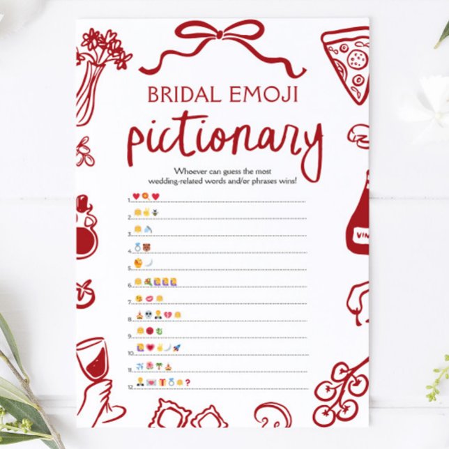 Convite Jogo de Pictionary com Emoji de Chuveiro de Noiva  (Red Hand Drawn Bridal Shower Emoji Pictionary Game)