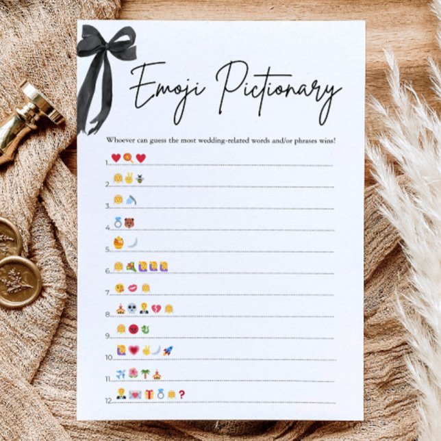 Convite Jogo de Pictionary de Chuva de Presentes de Noiva  (Black Bow Bridal Shower Emoji Pictionary Game)
