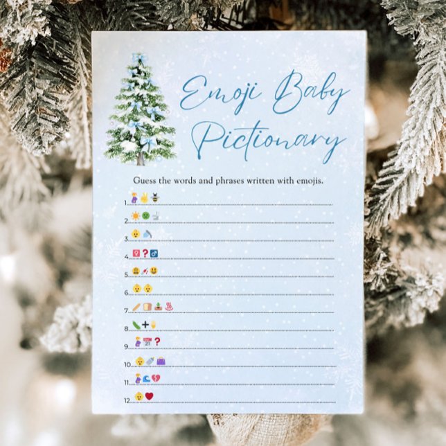 Convite Jogo de Pictionary de Emoji de Bebê com Árvore de  (Blue Bows Christmas Tree Baby Emoji Pictionary Game)