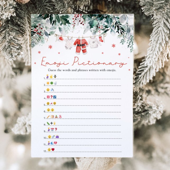 Convite Jogo de Pictionary de Emoji de Natal Vermelho Sant (Watercolor Christmas Red Santa Baby Shower Emoji Pictionary Game)