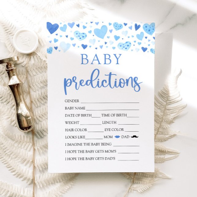 Convite Jogo de previsão do bebê do Chá de fraldas azul (Watercolor Cute Blue Hearts Valentine Sweetheart February Baby Boy Baby Prediction Baby Shower Game)