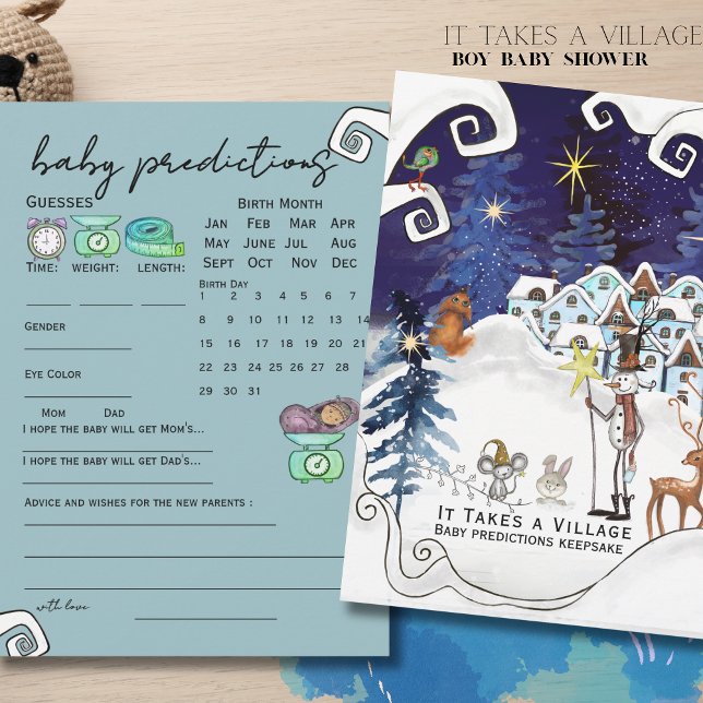Convite Jogo de Previsão para Bebê Azul Gelo da Aldeia  (It Takes a Village Ice Blue Baby Prediction Game Invitation)