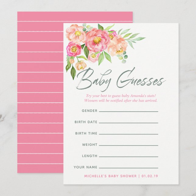 Convite Jogo de Previsões para Chás de Bebê com Flores de  (Frente/Verso)