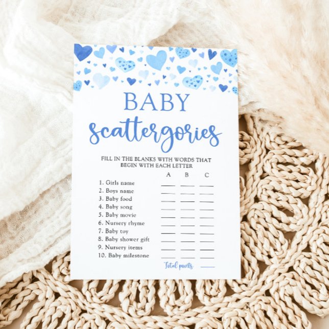 Convite Jogo de Scattegories para Chá de Bebê Blue Valenti (Watercolor Cute Blue Hearts Valentine Sweetheart February Boy Baby Scattegories Baby Shower Game)