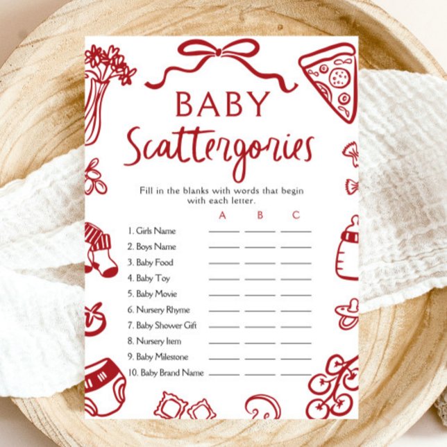 Convite Jogo de Scattergories Desenhado à Mão para Chás de (Hand Drawn Italian Baby Shower Scattergories Game)