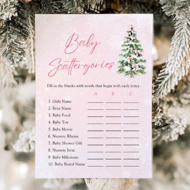 Convite Jogo de Scattergories para Chá de Bebê de Natal co (Pink Bows Christmas Baby Shower Scattergories Game )