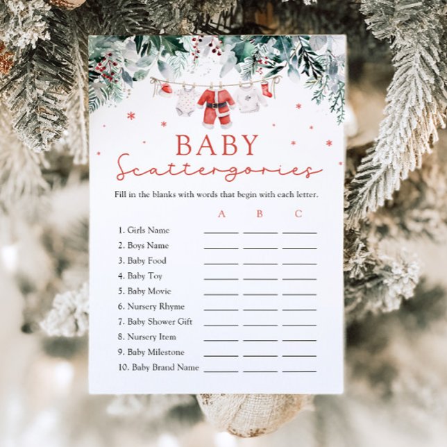 Convite Jogo de Scattergories para Chá de Bebê do Papai No (Watercolor Cute Red Christmas Santa Baby Shower Scattergories Game)