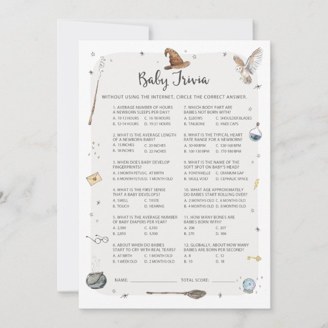 Convite Jogo de Trivia de Bebê Chuvada de Bebê Tema Mágico (Frente)