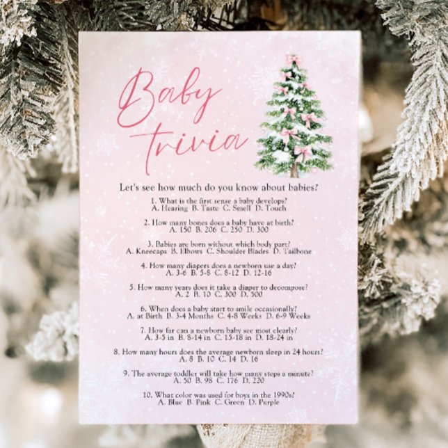 Convite Jogo de Trivia de Bebê Chuvada de Natal com Laços  (Pink Bows Christmas Baby Shower Baby Trivia Game)