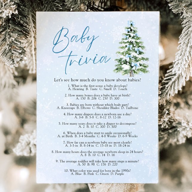 Convite Jogo de Trivia de Bebê para Chás de Bebê de Natal  (Blue Bows Christmas Baby Shower Baby Trivia Game )