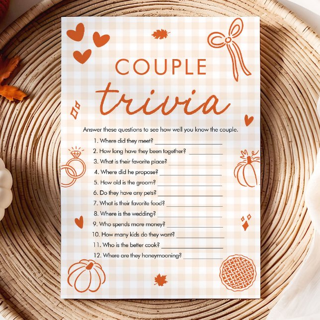 Convite Jogo de Trivia de Casal de Arco de Outono Laranja  (Orange Fall Bow Couple Trivia Bridal Shower Game)