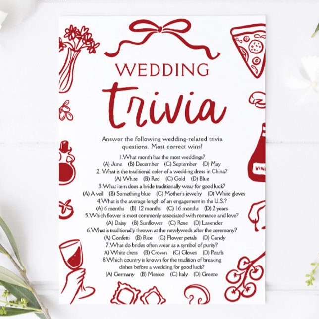 Convite Jogo de Trivia de Casamento de Pizza Desenhada à M (Hand Drawn Pizza Wedding Trivia Bridal Shower Game)