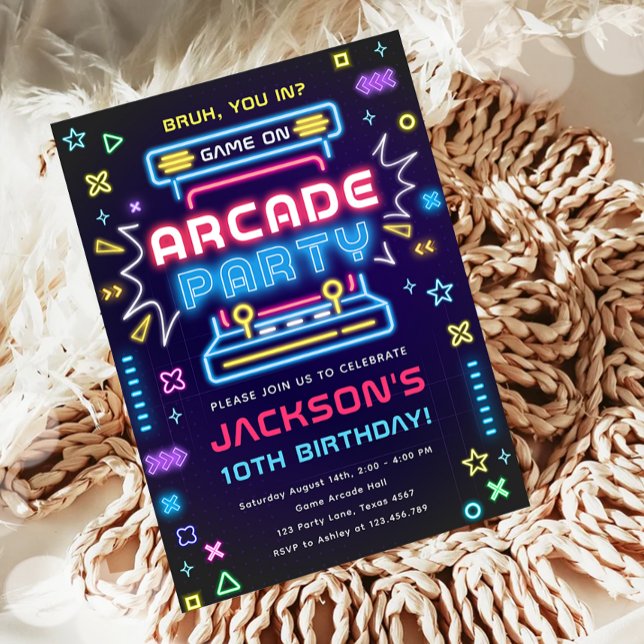 Convite Jogo De Vídeo Do Arcade Party Glow Neon No Anivers (Criador carregado)