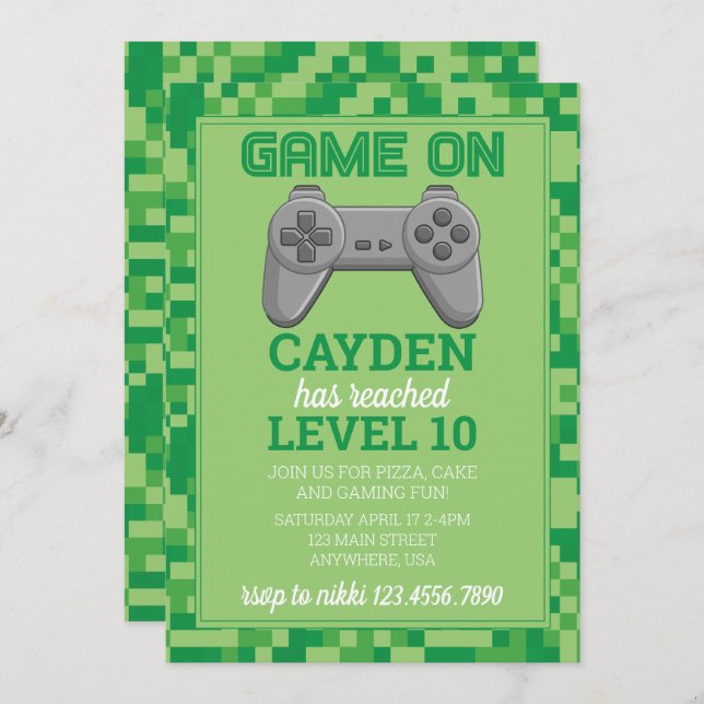 Convite Jogo de Vídeo Nível para Cima Jogador Aniversário  (Frente/Verso)