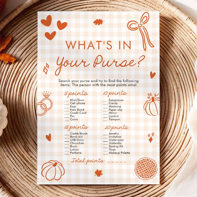 Convite Jogo Desenhado à Mão de Outono Laranja Qual é o Co (Orange Fall Hand Drawn What's In Your Purse Game)