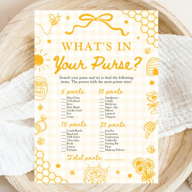 Convite Jogo do Que Está na Sua Bolsa Abelha Mel Gingham A (Yellow Gingham Honey Bee What's In Your Purse Game)