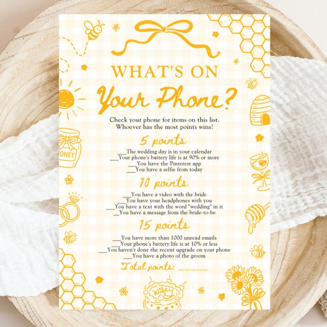 Convite Jogo do Que Está no Seu Telefone Abelha Mel Gingha (Yellow Gingham Honey Bee What's on Your Phone Game)