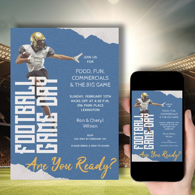 Convite Jogo no Jogador de Futebol de Azul (American Football Player on Blue Bowl Game Invitations - order INSTANT DOWNLOAD, PRINTED or both!)