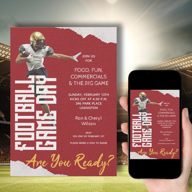 Convite Jogo no Jogador de Futebol em Vermelho (American Football Player on Red Bowl Game Invitations - order INSTANT DOWNLOAD, PRINTED or both!)