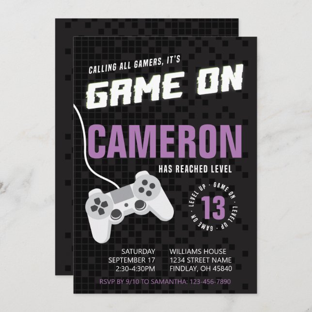 Convite Jogo No Jogo Roxo Neon, Qualquer Festa de aniversá (Frente/Verso)