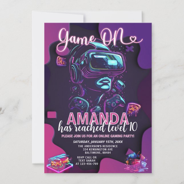 Convite Jogo No Neon Glow Level Up Video Game Aniversário (Frente)