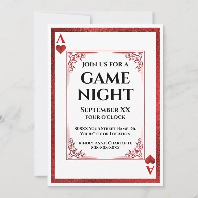 Convite Jogo Noturno Carta de Baralho Ás de Copas (Frente)