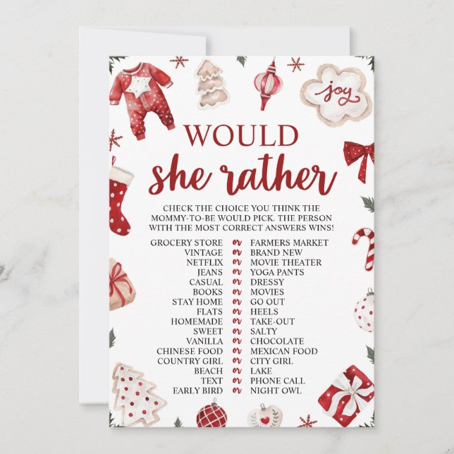 Convite Jogo para Chá de Bebê 'Would She Rather' de Natal  (Frente)