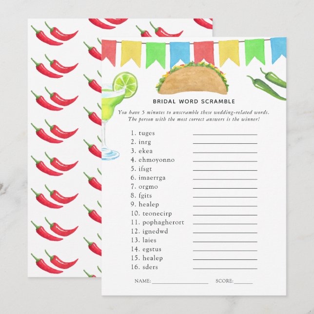 Convite Jogo para Chá de Noiva com Tema de Taco Fiesta Mex (Frente/Verso)