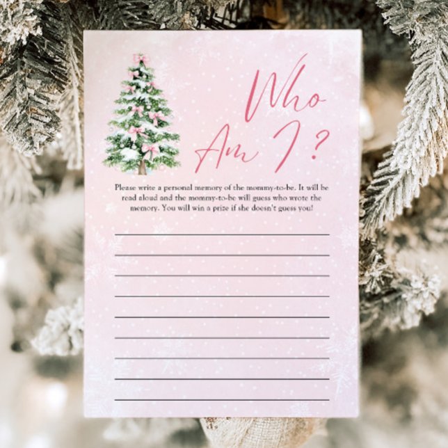 Convite Jogo Quem Sou Eu para Chá de Bebê com Árvore de Na (Pink Bows Christmas Tree Who Am I Baby Shower Game)