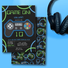 Convite Jogo Vídeo Neon Blue & Green Festa de aniversário