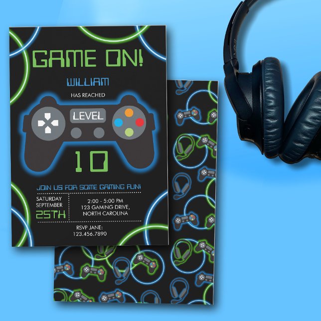 Convite Jogo Vídeo Neon Blue & Green Festa de aniversário (Video Game Neon Blue & Green Birthday Party Invitation)