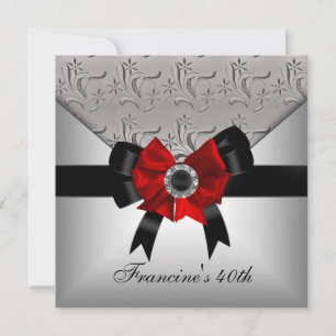 Convite Jóia de Arco Preto Vermelho Floral Prata de Aniver