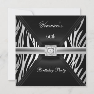 Convite Jóia de Diamante Zebra Preto Prata de Aniversário