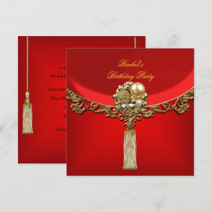 Convite Joia de festa de aniversário em vermelho dourado e